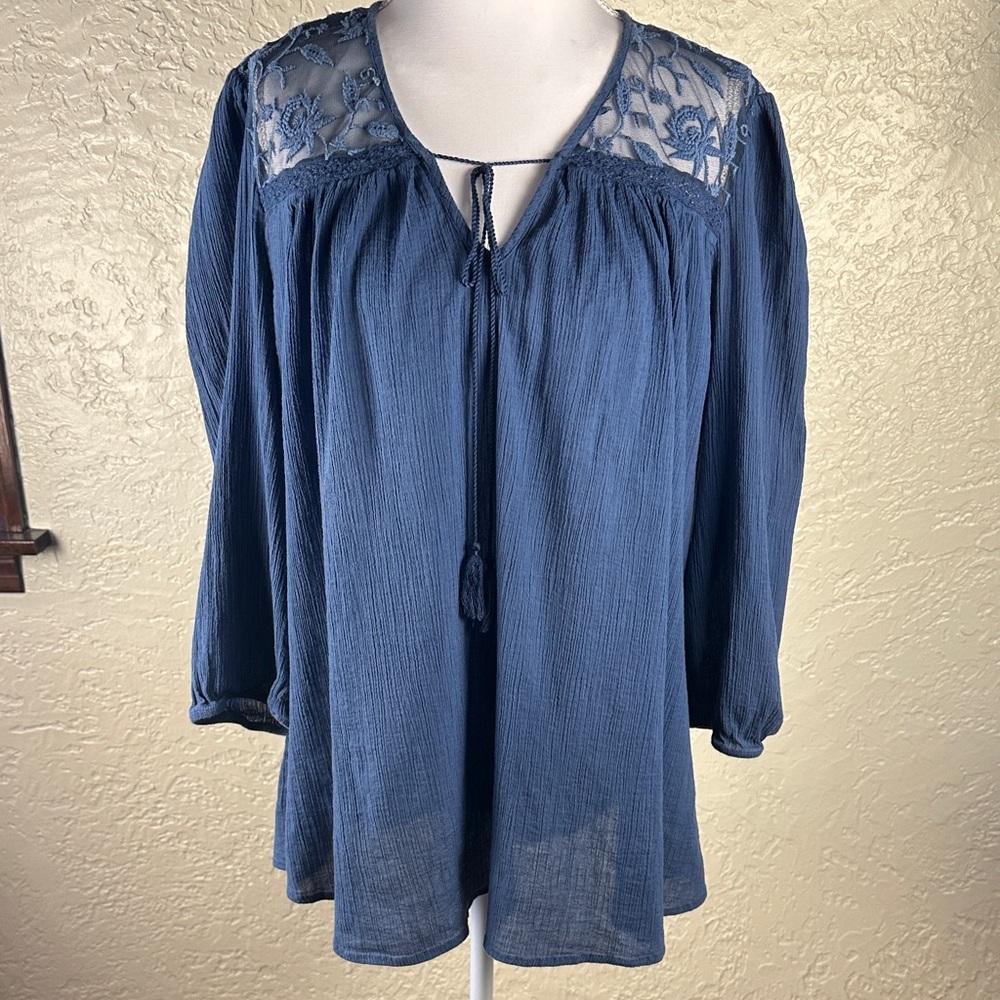 Chaps Navy Blouse with Sheer Lace‎ Detail 1X